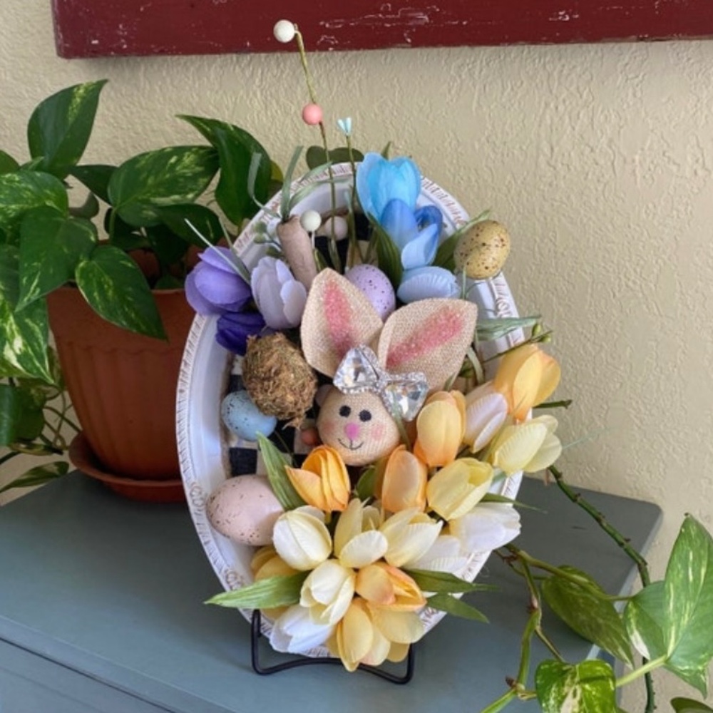 Bunny with Eggs and Florals Decorative Tray